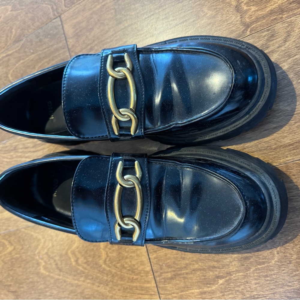 Mango Black Loafers with Gold Chain Detail